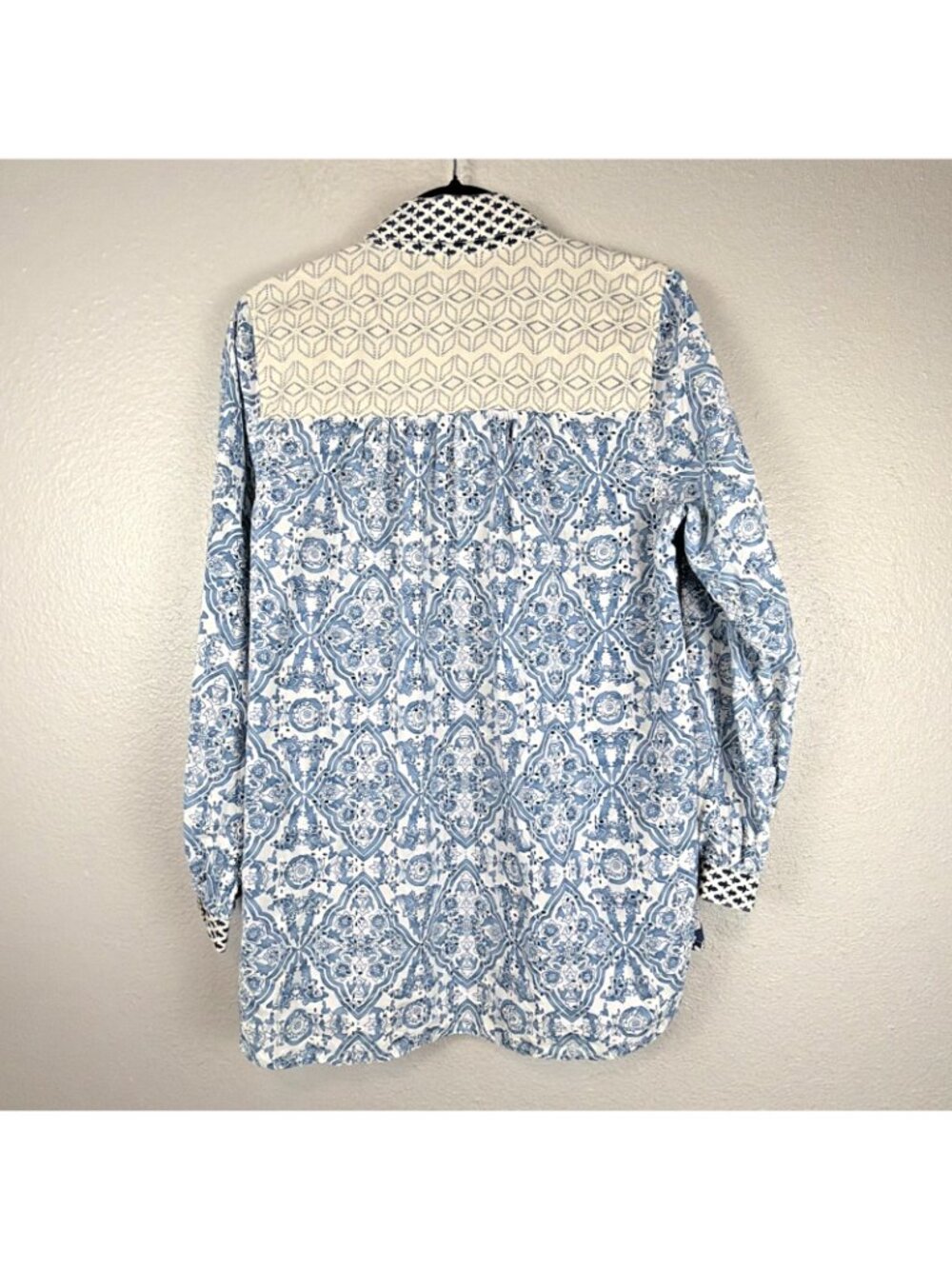 Soft Surroundings Patchwork Prairie Shirt Large Blue Floral Cottagecore Boho - Picture 2 of 11
